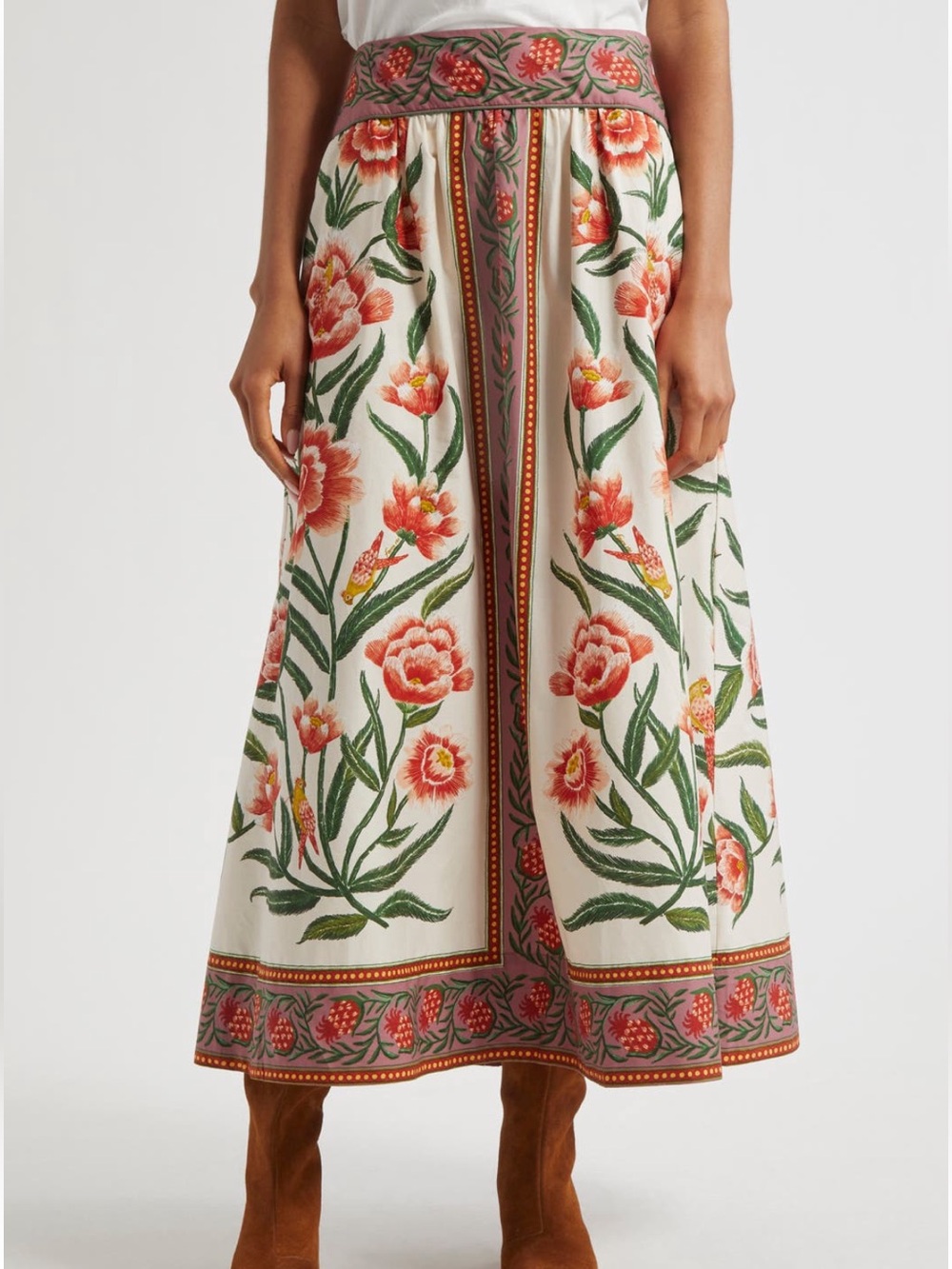 Farm Rio Anika Placed Floral Print Cotton Midi Skirt in Off-White Size Large NWT